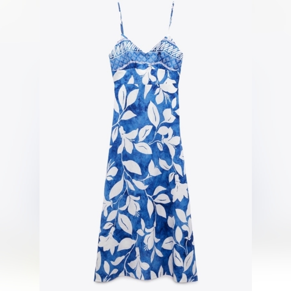 Gorgeous Summer Style ZARA Linen Midi Dress in Blue Hawaii Style Print - Picture 5 of 9